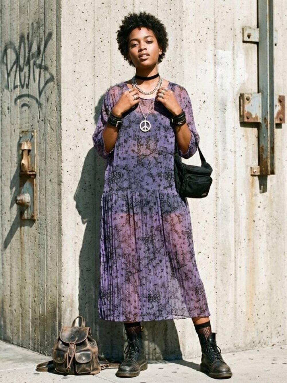 Vintage 1990s BoHo sheer, chiffon Elegant Purple Patterned long babydoll Dress M